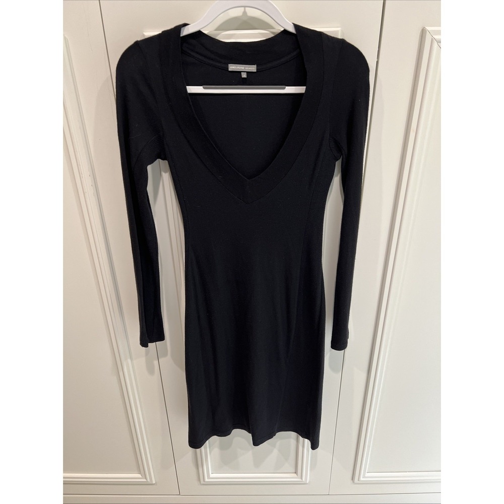 James Perse Black V Neck Knit Dress Size 2 Long Sleeve Cotton Angora Blend